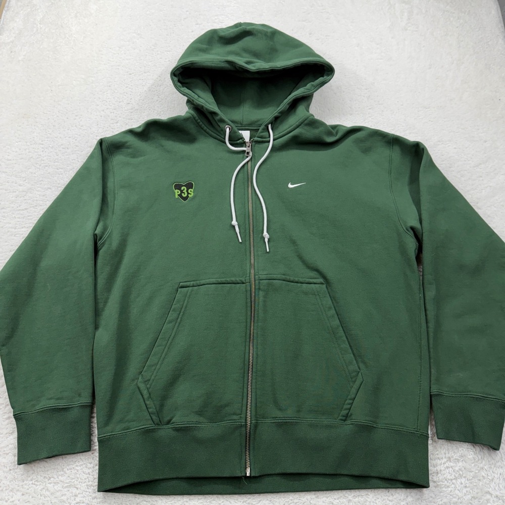 Nike Mens Full Zip Hoodie Forest Green Heavyweight P3S Heart Graphic Fleece L